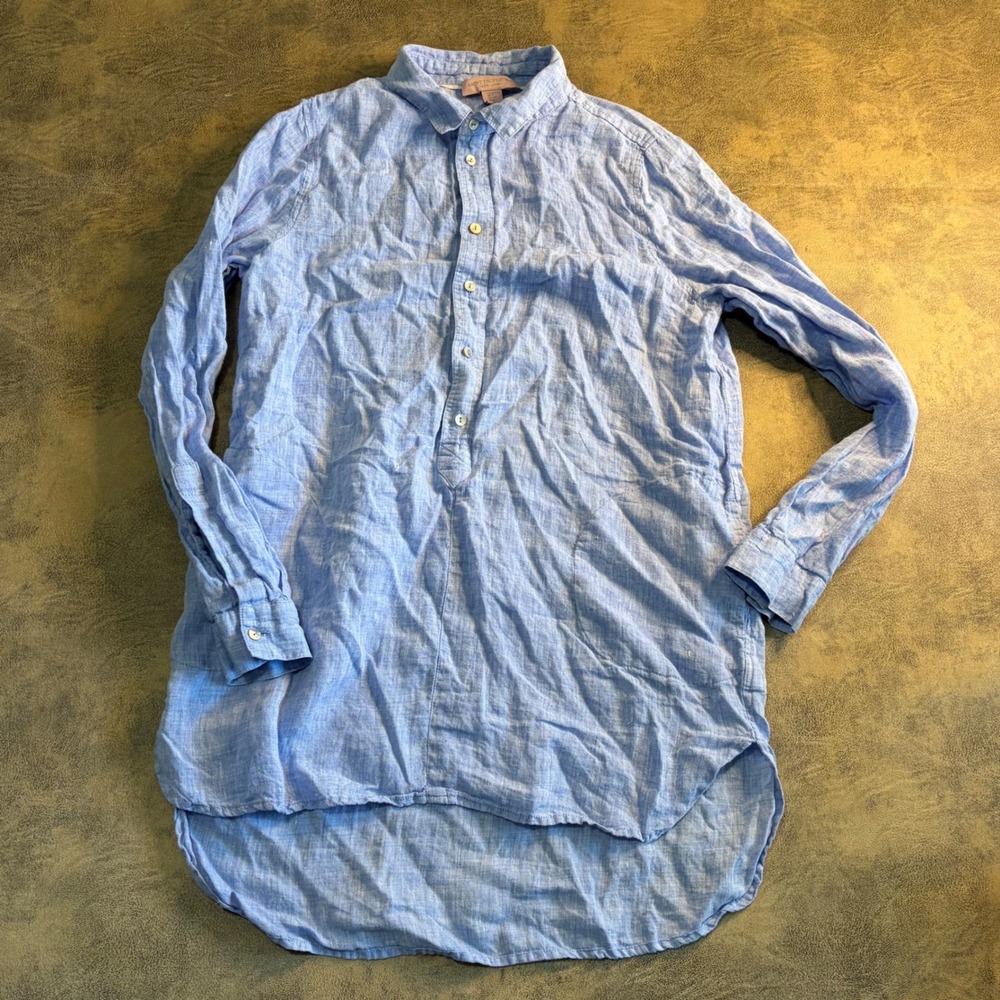 Saint‎ Tropez West Tunic Women Size S Blue 100% Linen Long Sleeve High Low Hem